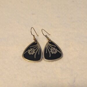 Vintage LOTUS Signed Black Enamel On Gold Tone French Hook 1.5" Earrings AS IS